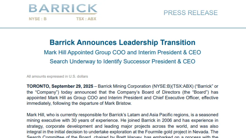 Barrick Gold Names Mark Hill Interim CEO After Bristow’s Surprise Exit